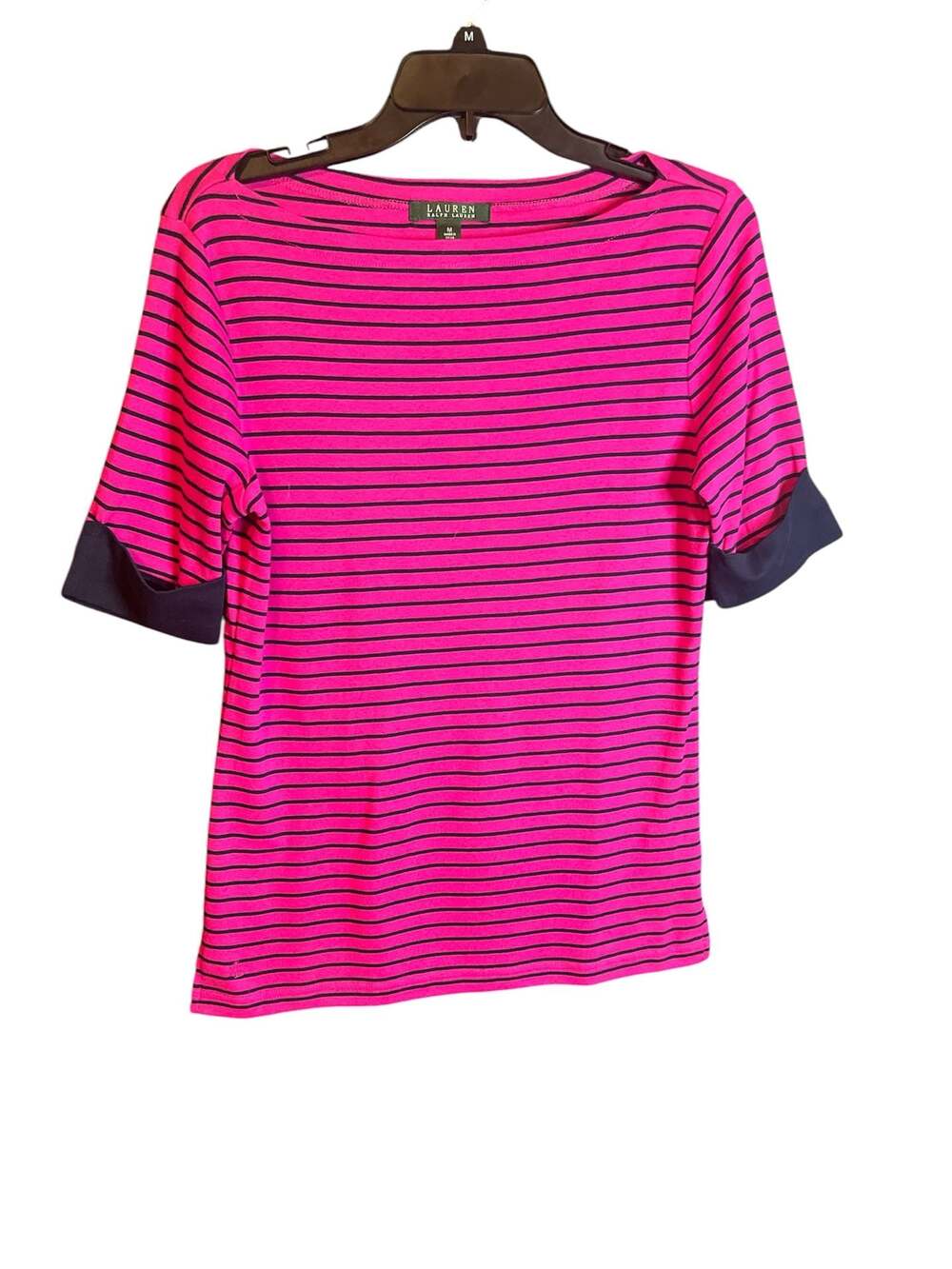 Lauren Ralph Lauren Pink & Navy Striped Boat Neck Top Size M